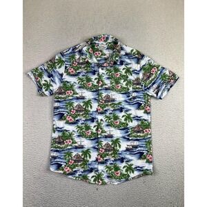 Oliver & Burke Shirt Mens Medium Blue Hawaiian Tropical Floral Island Button Up